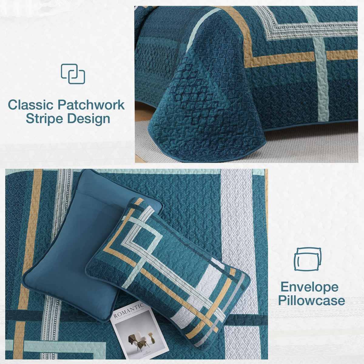 Teal Quilt Set, Boho Pachwork Stripe Bedspread