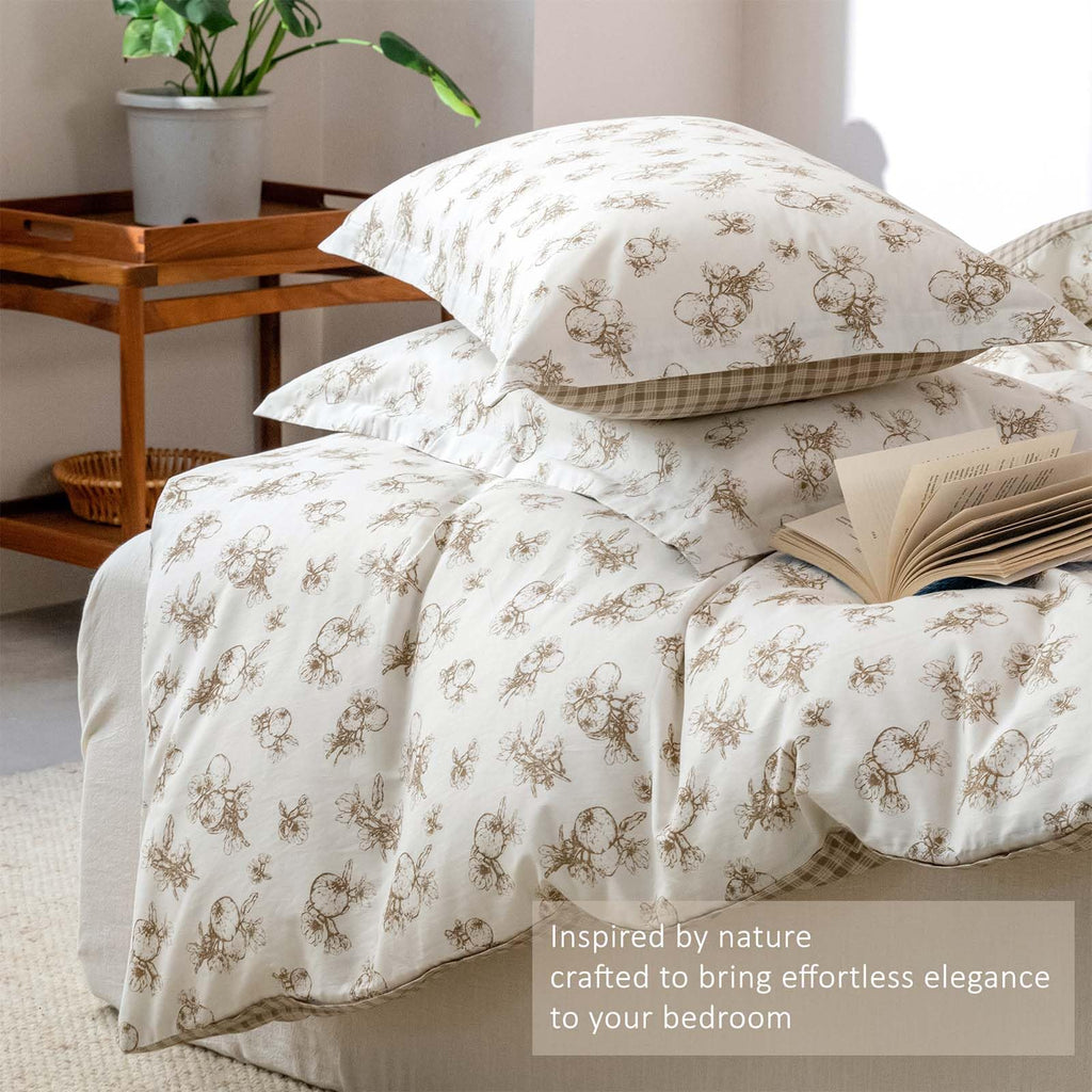 Farmhouse 100% Cotton Duvet Cover Set 3Pcs - Vintage Pomegranate Botanical Prints & Rustic Plaid Reverse