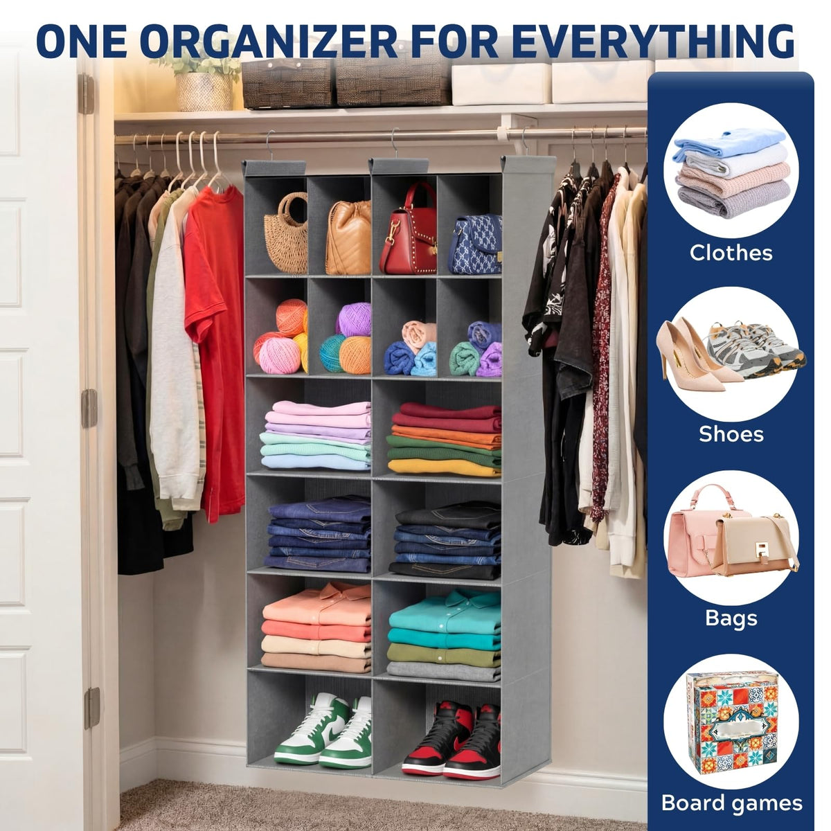 6 Tier Hanging Closet Organizer, 16 Compartments Dual Row Storage, Grey