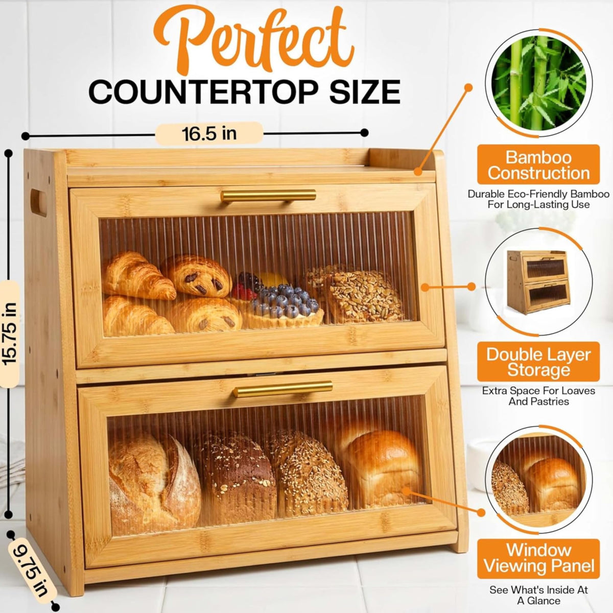 Extra Large Bamboo Countertop, Double Layer Wooden Breadbox Holds Multiple Loaves of Homemade Bread, 16.5 Inch
