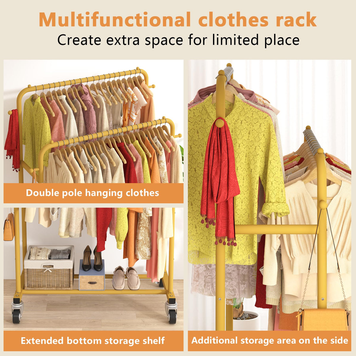Double Rods Garment Rack with Wheels, Clothing Rack for Hanging Clothes, 4 Hooks, Multi-functional Bedroom Clothes