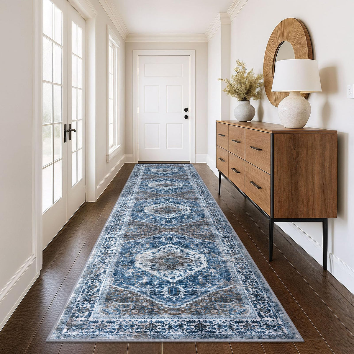 Runners s 3x12 Ft Thin Long Washable Kitchen Runner Non Slip Runners Rug Indoor Blue Printed Faux Wool Stair Runner