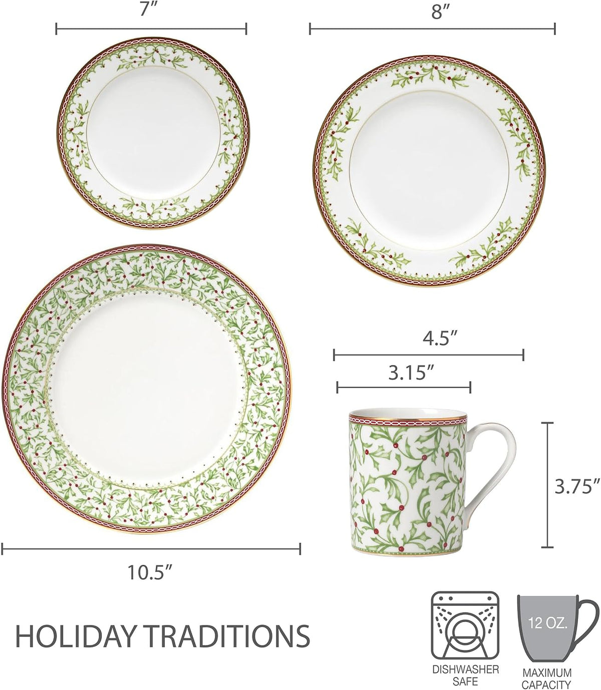 Holiday Traditions Dinnerware Set with Mugs (16 Piece)