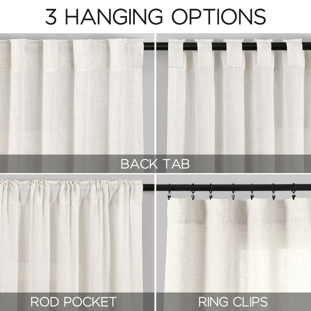 Beige White Linen Curtains 96 Inches Long 2 Panels Set Bedroom Back Tab Rod Pocket Semi Sheer Light Filtering Drape