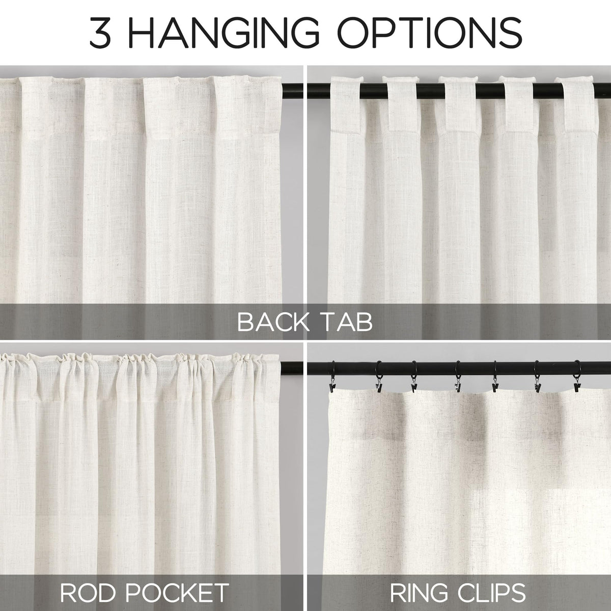 Beige White Linen Curtains 96 Inches Long 2 Panels Set Bedroom Back Tab Rod Pocket Semi Sheer Light Filtering Drape