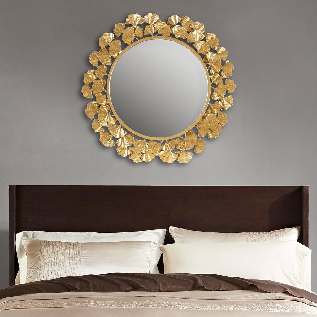 Wall Décor Large Gingko Leaf Round Wall Mirror, Iron Metal Plate Frame Antique Finish, Ready to Hang Bedroom