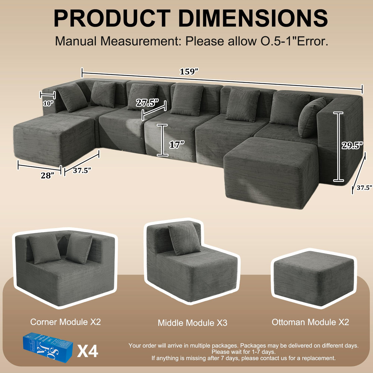 159" Three-Layer Functional Sponge Boneless Sectional Couches High-Back Design Well Supported Heavy-Duty 7-Seater