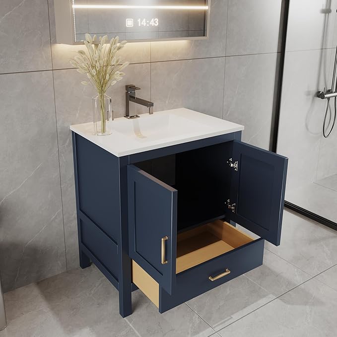 30 Inch Blue Freestanding Bathroom Vanity Sink Base Cabinet Without Top with Bottom Drawer / Handler -- 30-inch-blue-freestanding-bathroom-vanity-sink-base-cabinet-bottom-drawer