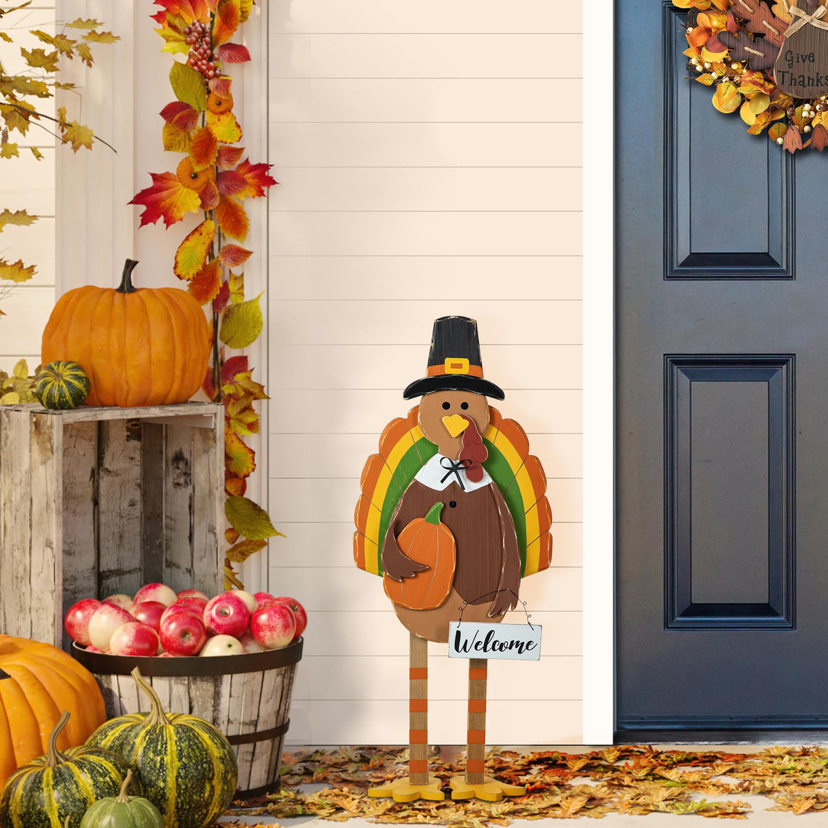 30'H Thanksgiving Wood Turkey Porch Sign, Farmhouse Turkey Pumpkin Welcome Standing Decor for Fall Harvest, Rustic