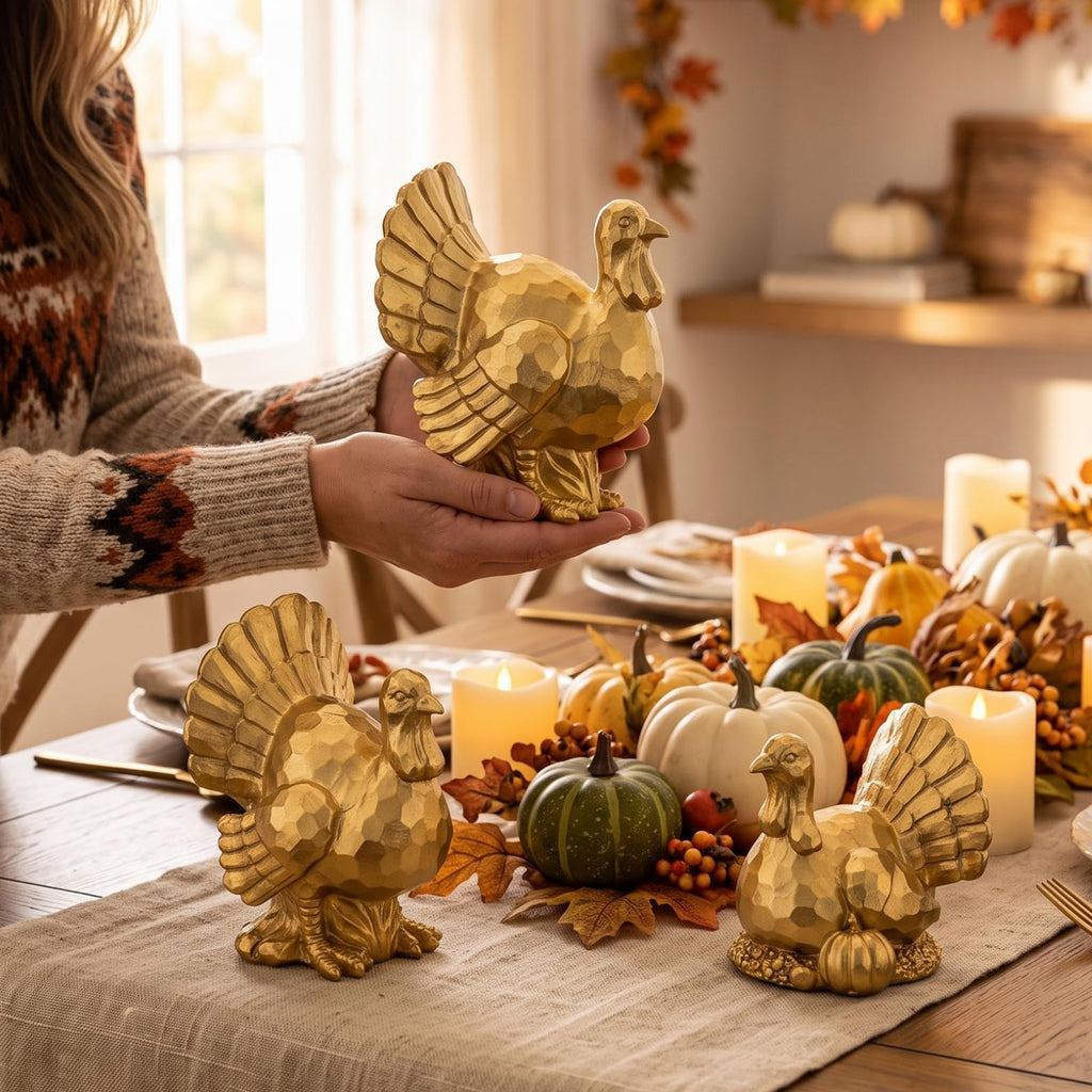 3 Pack Thanksgiving Turkey Decor Gold Resin Turkey Figurine