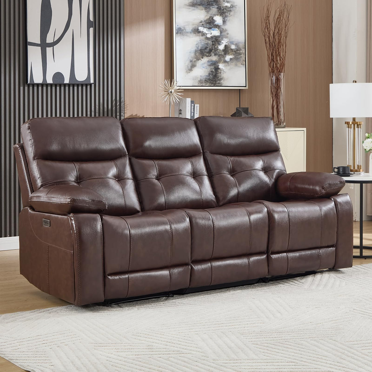 Genuine Leather Power Recliner Sofa, 3 Seater Reclining Sofa with Comfortable Arms and Back, Modern Electric Recliner