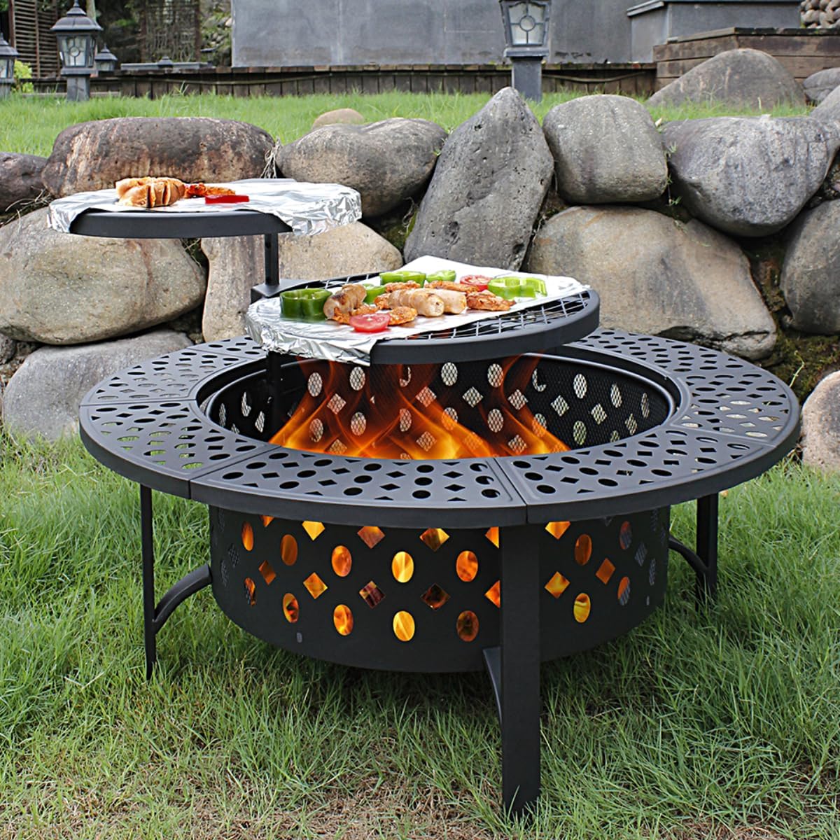 42 Inch Fire Pit with 2 Grills, Extra Large Wood Burning Fire Pits for Outside with Lid & Poker, Heavy Duty Firepit,BBQ& Outdoor Firepit & Round