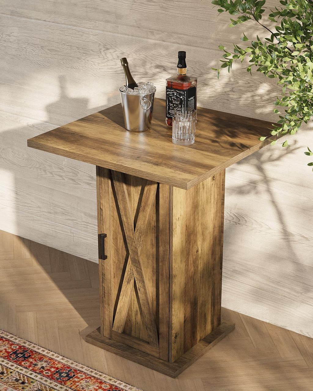 Bar Table with Storage Cabinet, 39.4" H Square High Top Pub Table, Wood Bistro Cocktail Table, Farmhouse Design with