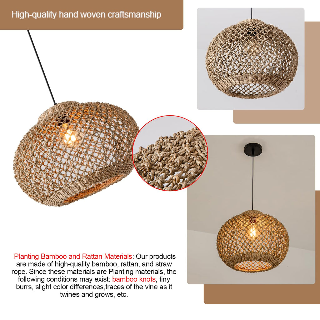 Rattan Pendant Light, 13.78" Seagrass Chandelier