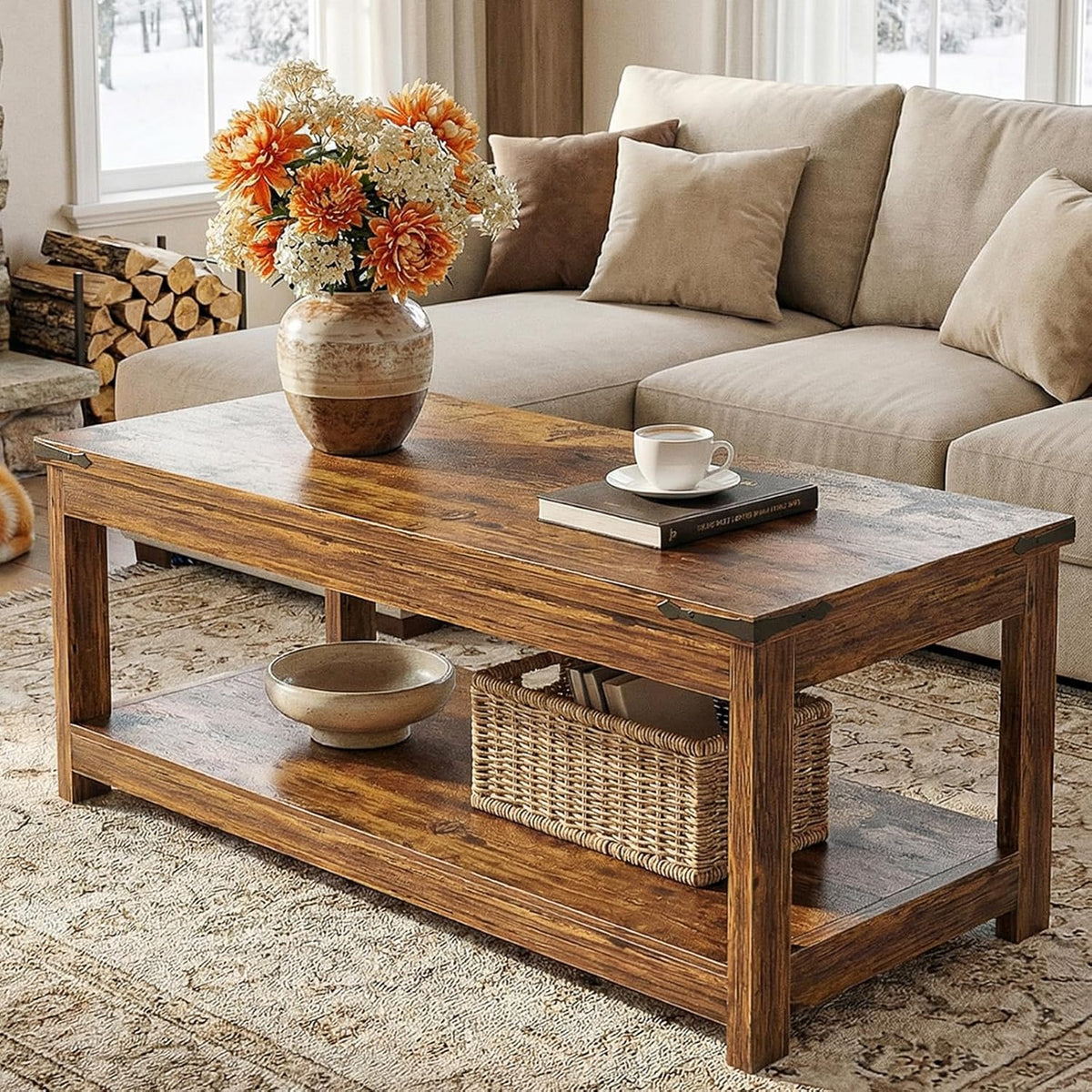 Coffee Table with Storage Shelf, 43.3” Farmhouse Wood Coffee Tables, Modern Center Tea Table, Rustic Brown