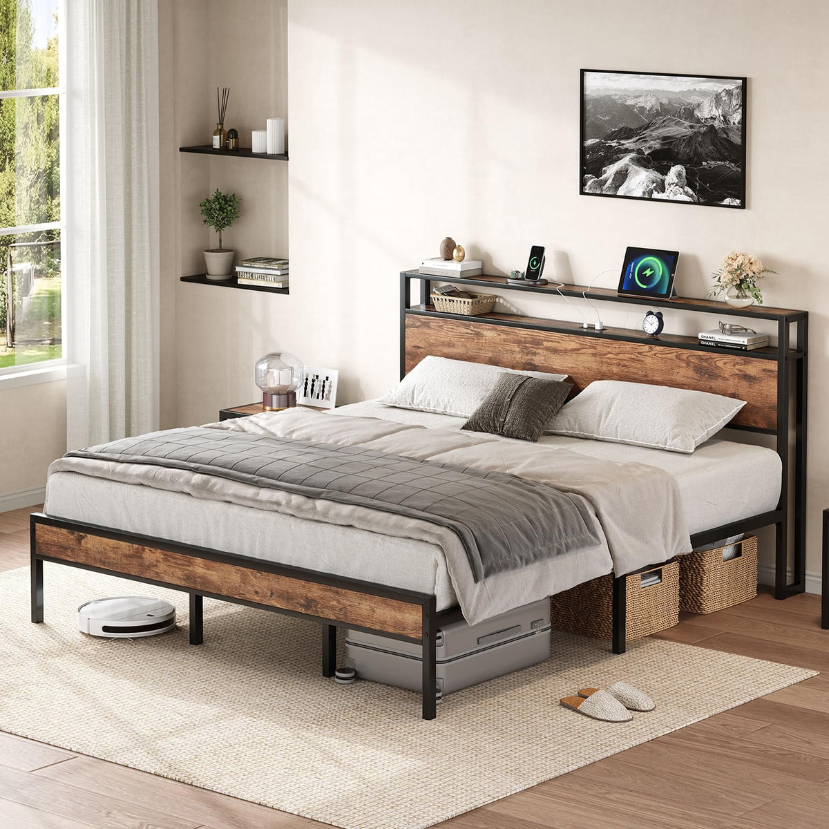 King Size Bed Frame with USB Charging Station & Storage Headboard, Modern Metal Platform Bed with Large Under Bed