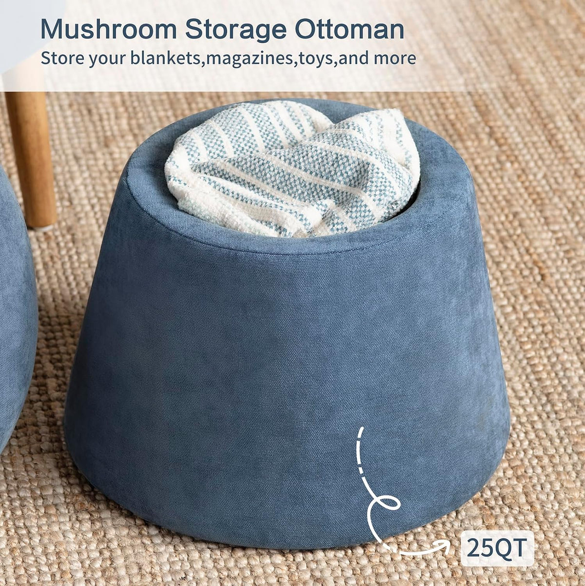 15" Blue Mushroom Ottoman with Storage | Chenille Fabric, Round Foot Rest, Modern Footstool,for Vanity, Bedroom