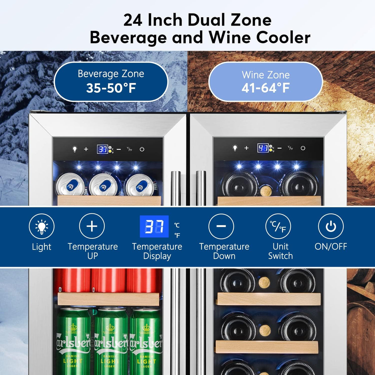 Upgraded Wine and Beverage Refrigerator 24 Inch, Dual Zone Wine Beverage Cooler with French Door