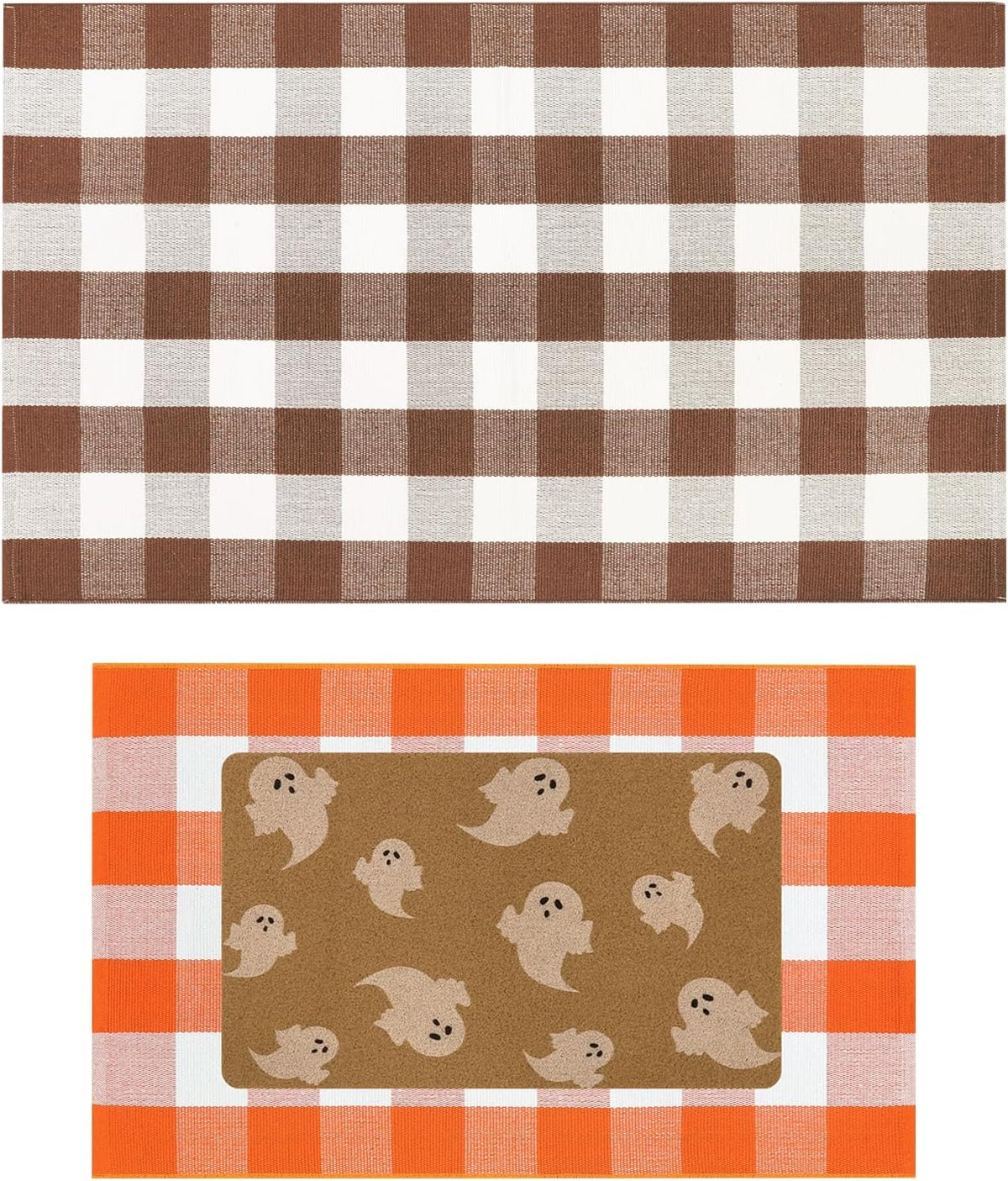 Halloween Door Mat Fall Decor Combo Set + Buffalo Plaid Checkered Rug Fall Washable Outdoor Rug 3'x5' Autumn Layered