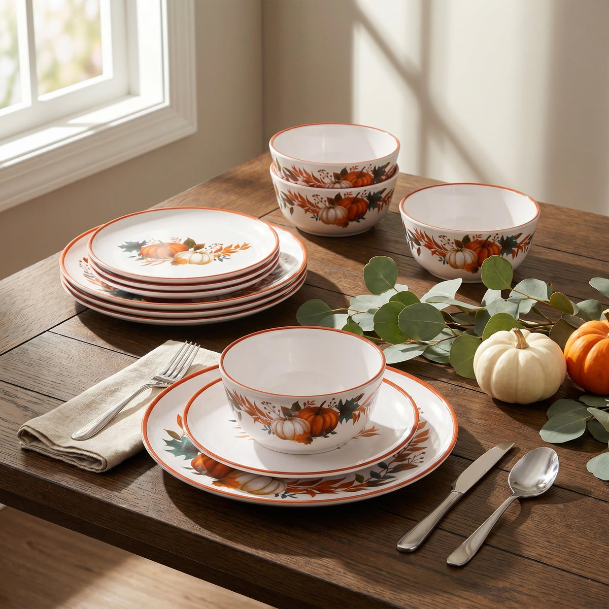 Fall Pumpkin Dinnerware Set for 4, 12-Piece BPA-Free Melamine Dinnerware