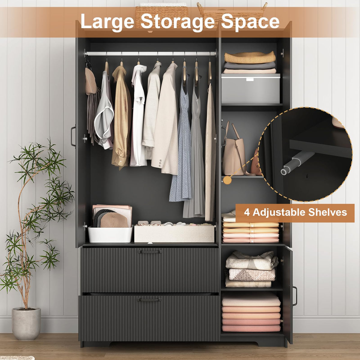 72'' Fluted Armoire Wardrobe Closet with Mirror Door and 2 Drawers, Tall Bedroom Armoire Wardrobe Cabinet with Hanging