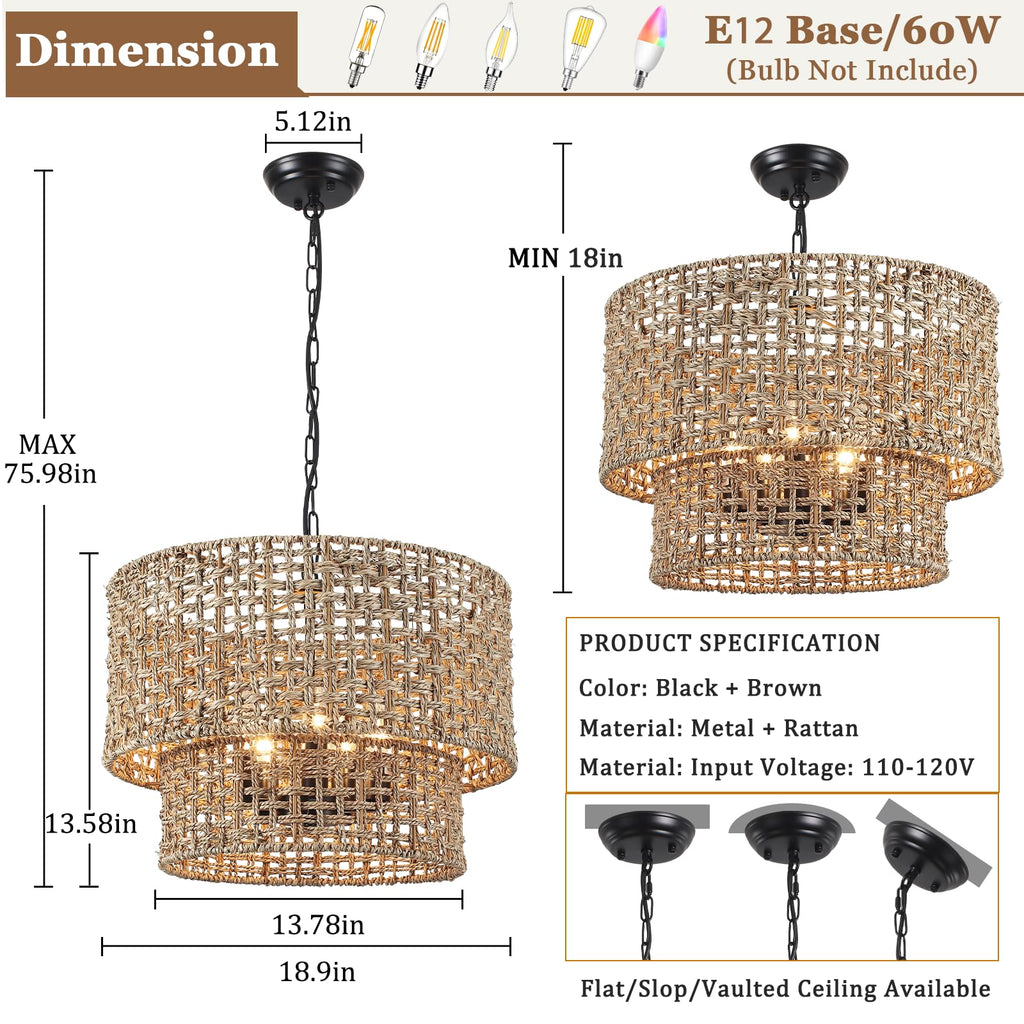 18.9" Boho Rattan Chandelier Light Fixture 5-Light Large Hand Woven Rustic Chandeliers Drum Wicker Farmhouse Hanging