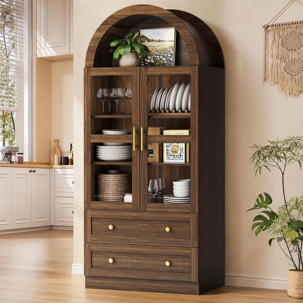 Arched Kitchen Pantry Cabinet, 71" Tall Arched Cabinet with Acrylic Doors, Farmhouse Kitchen Storage Cabinet with 2
