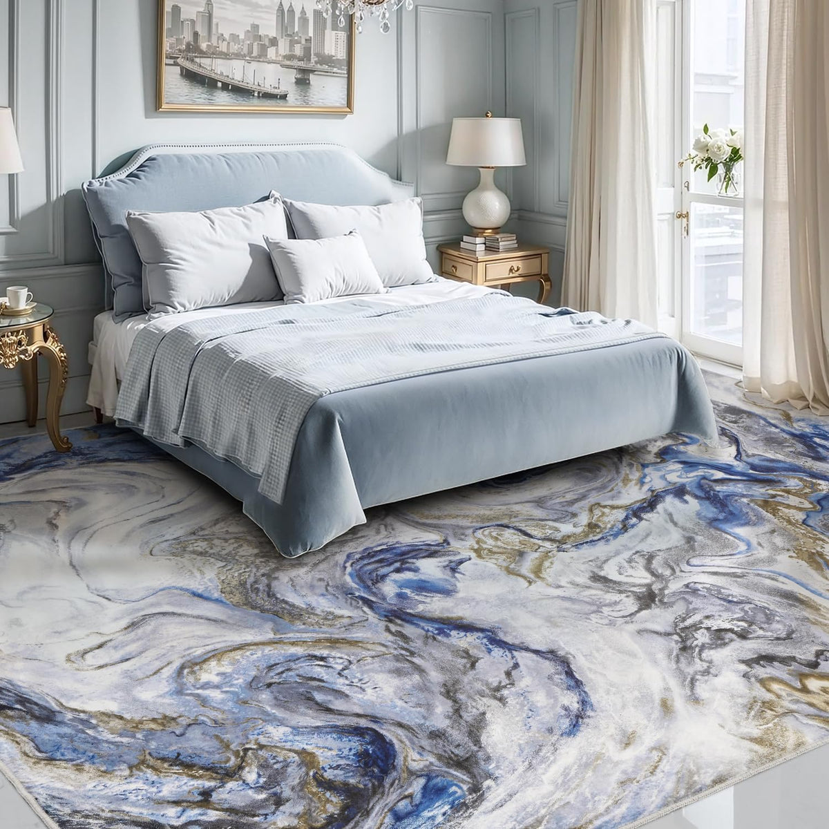 Abstract Area Rug, Washable Non-Slip Low Pile, Marble Blue