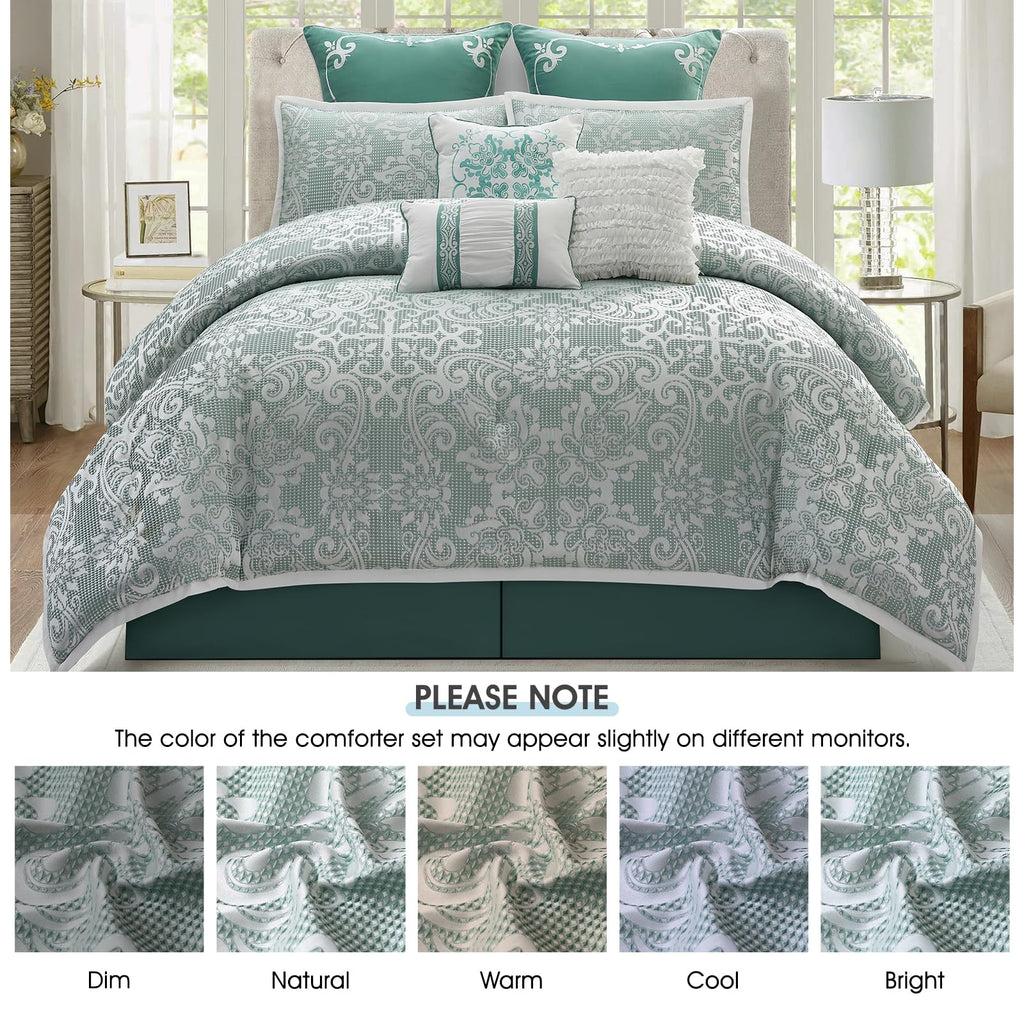 9 Piece Comforter Set, Sage Jacquard Damask, Bed in a Bag, All Seasons Bedding with Shams, Euro Shams, Bed Skirt