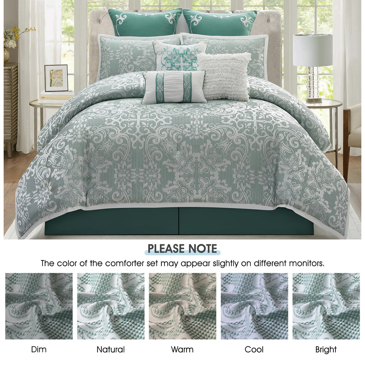 9 Piece Comforter Set, Sage Jacquard Damask, Bed in a Bag, All Seasons Bedding with Shams, Euro Shams, Bed Skirt