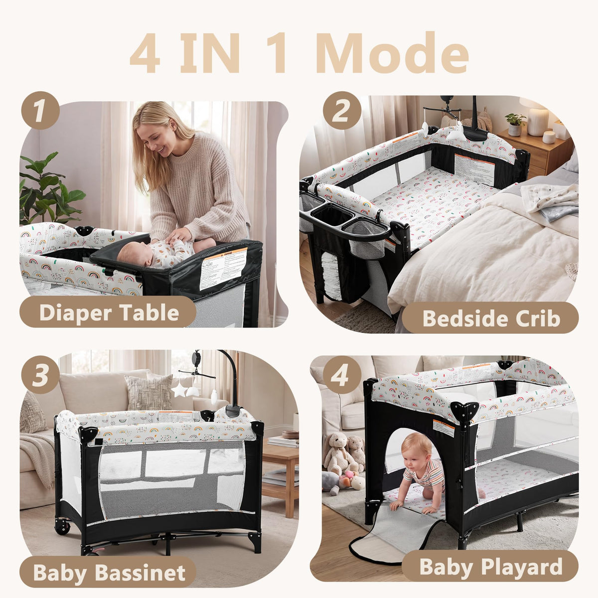 4 in 1 Portable Baby Playard, Baby Bedside Crib, Multicolour