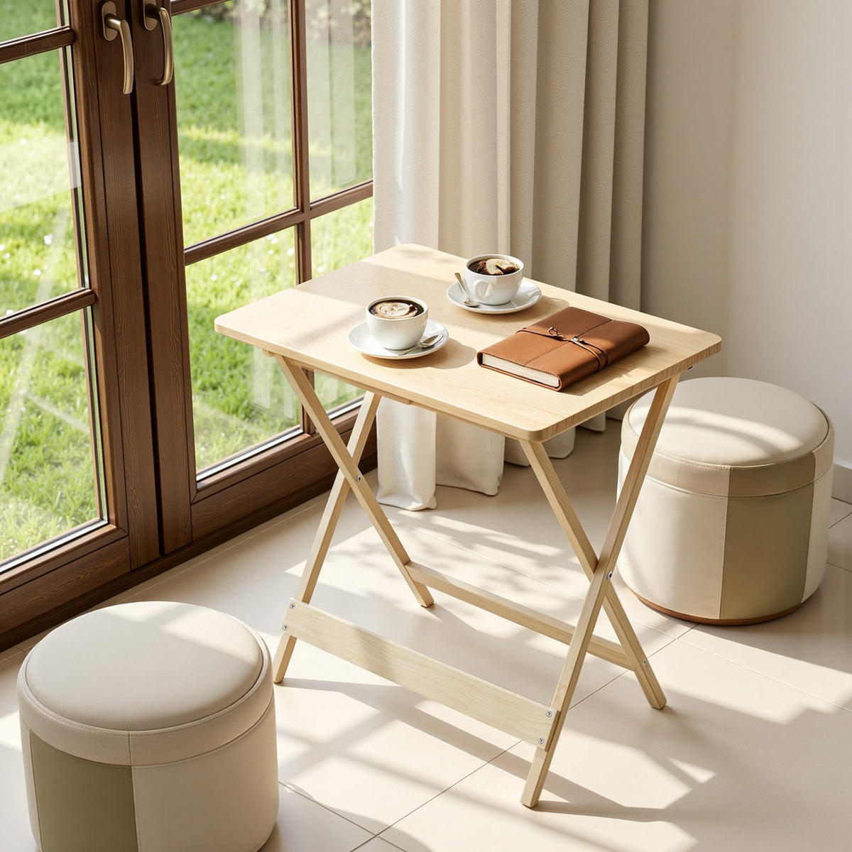 Folding Table Set of 2, Modern Wood Portable Snack TV Trays, Easy to Clean & Assemble, Natural