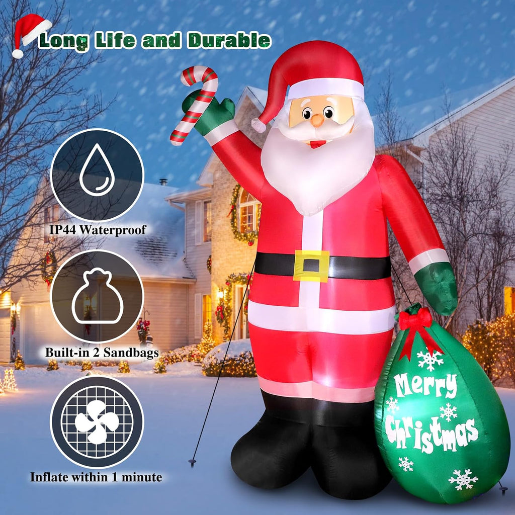 8FT Christmas Inflatable Santa Claus with Candy and Big Gift Bag Outdoor Decoration, Built-in Led Lights Blow Up Xmas