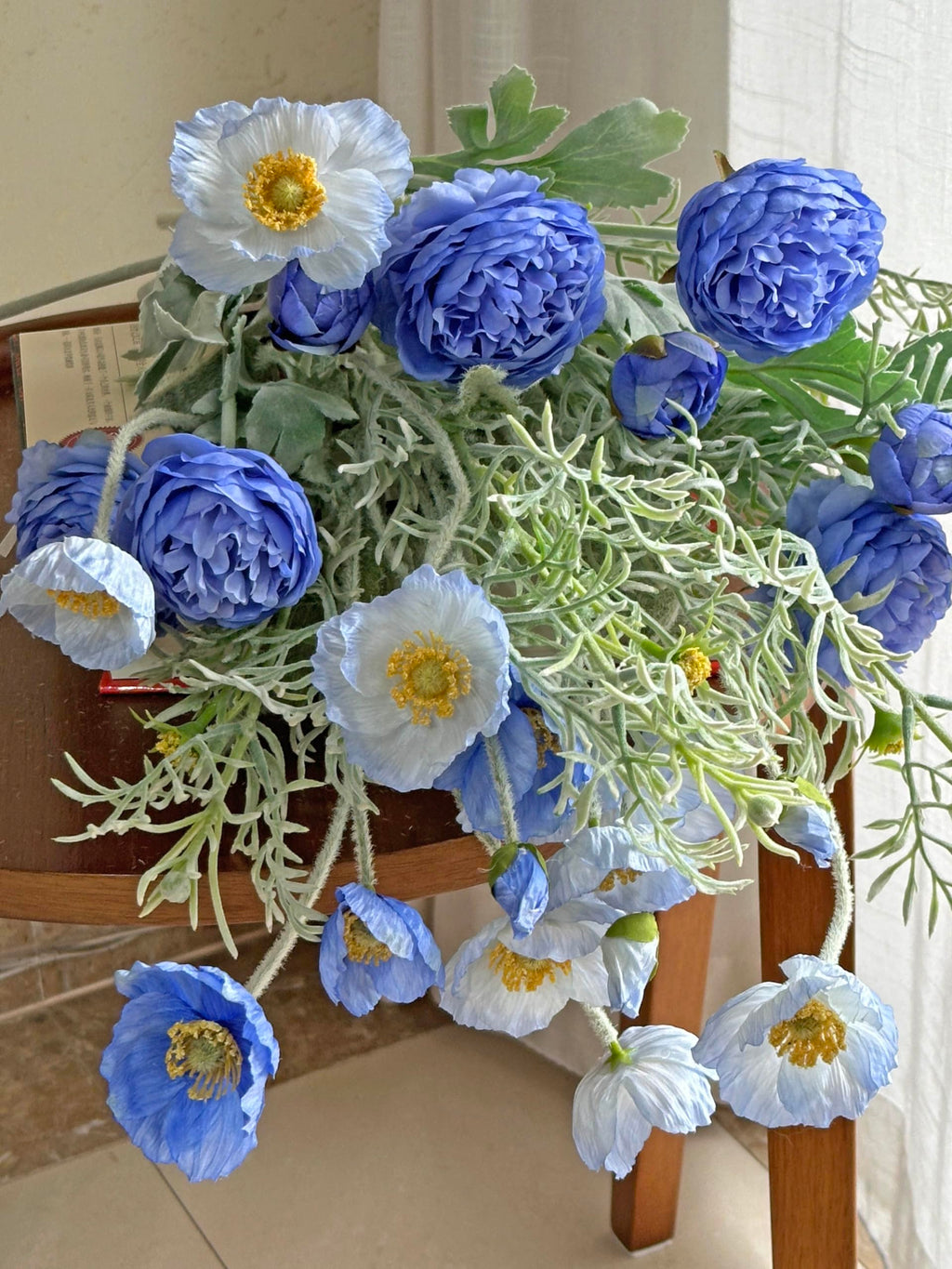 Set of 6 Light Blue Silk Poppy Flowers Artificial with Stems Silk Poppies Bouquet Faux Ranunculus Artificial Flowers
