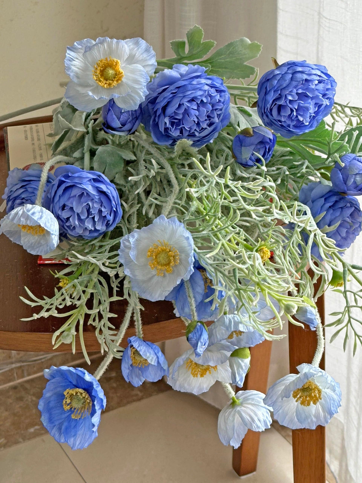 Set of 6 Light Blue Silk Poppy Flowers Artificial with Stems Silk Poppies Bouquet Faux Ranunculus Artificial Flowers
