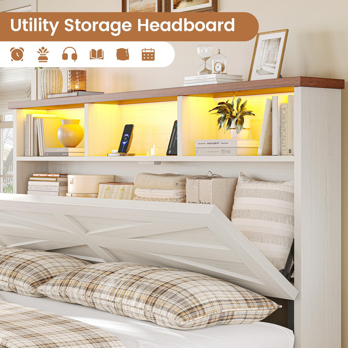 Bed Frame with 6 Drawers, Farmhouse Bed Frame with Barn Door Headboard and Storage, Wood Platform Bed Frame