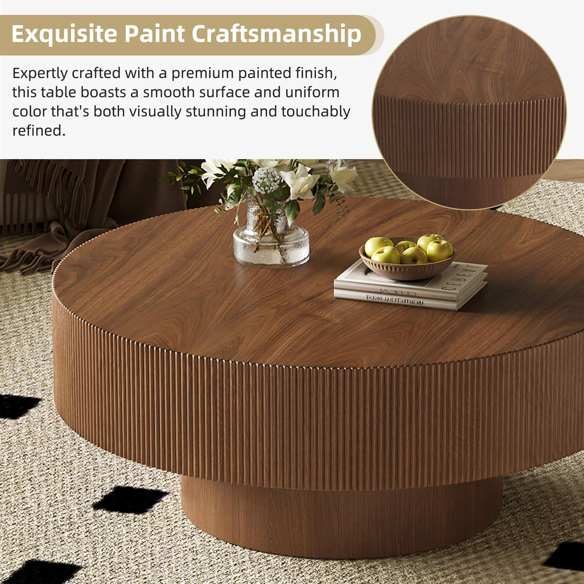 31.5" Round Fluted Coffee Table, Modern Wood Circle Drum Center Table, Accent Side Table with Sturdy Pedestal, Walnut