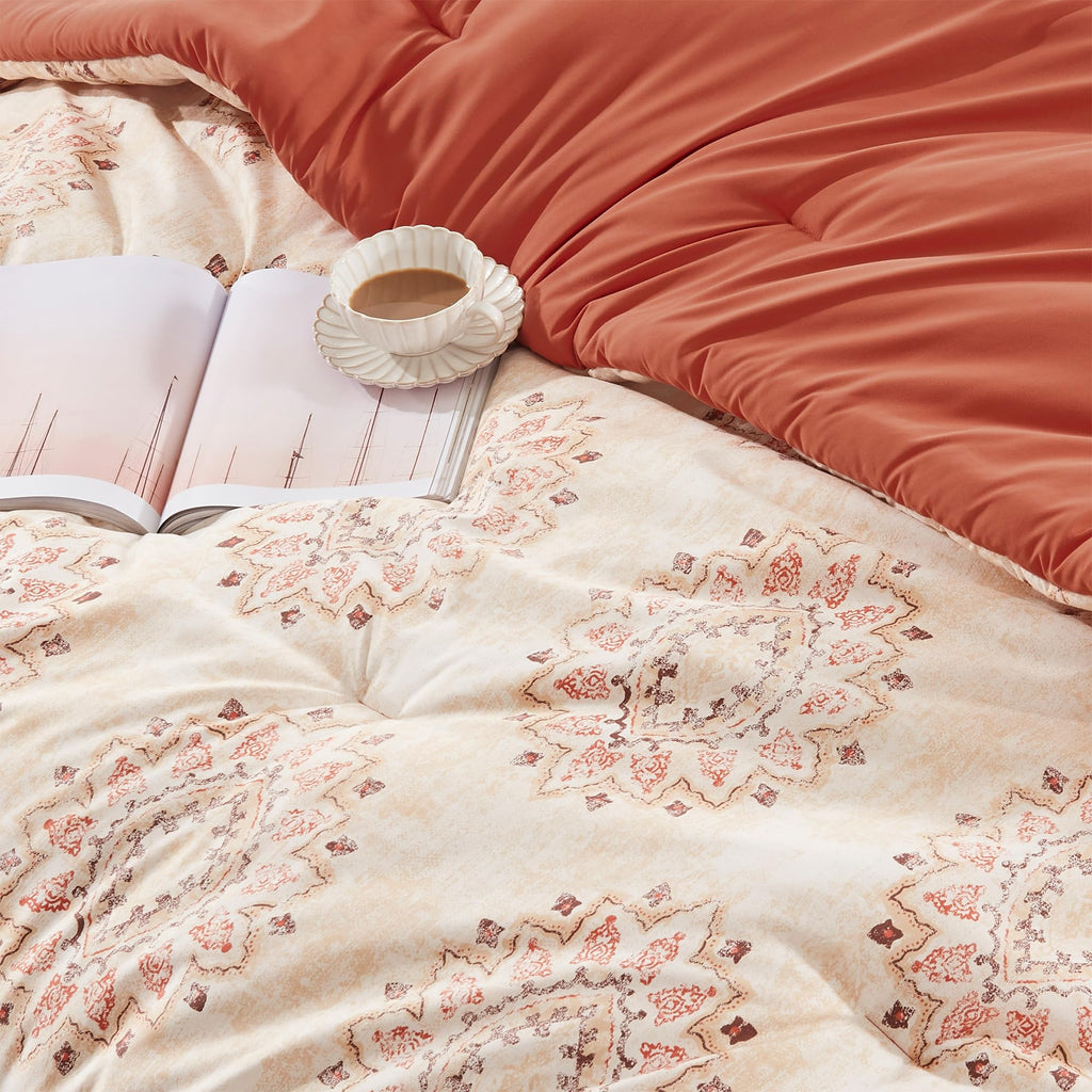 7 Pieces Bed in a Bag Comforter Sets Full, Damask Pattern Beige Fluffy Breathable BIAB with 4 Corner Tabs