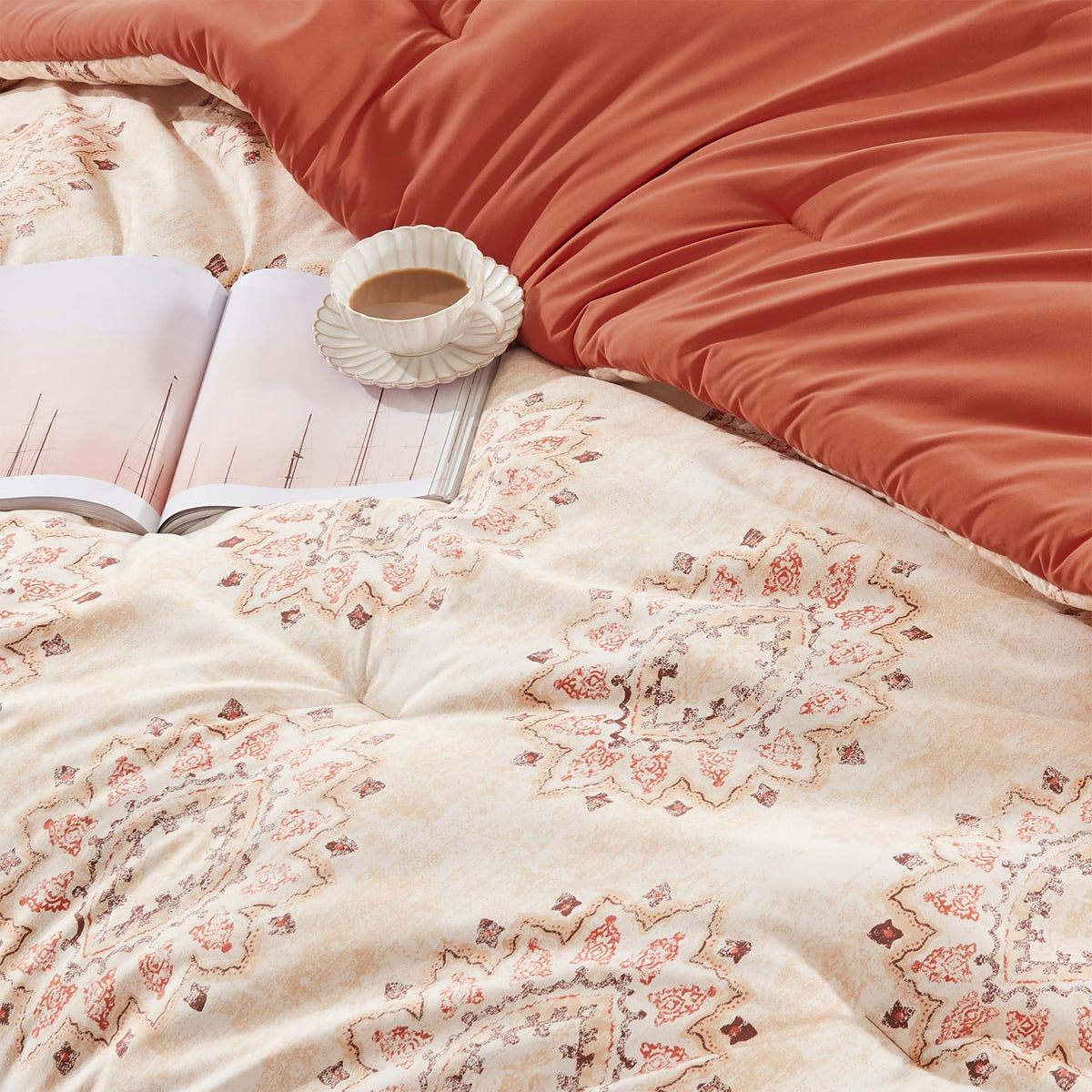 7 Pieces Bed in a Bag Comforter Sets Full, Damask Pattern Beige Fluffy Breathable BIAB with 4 Corner Tabs