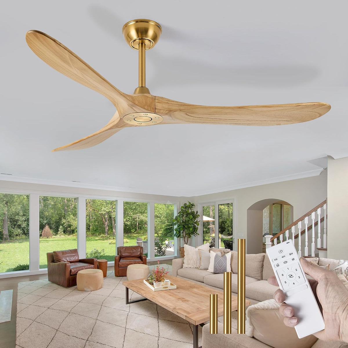 Inspired Maverick Style 60" Ceiling Fan No Light, 3 Solid Wood Blades, Brass Gold Motor, Quiet Reversible DC Motor with Remote Control