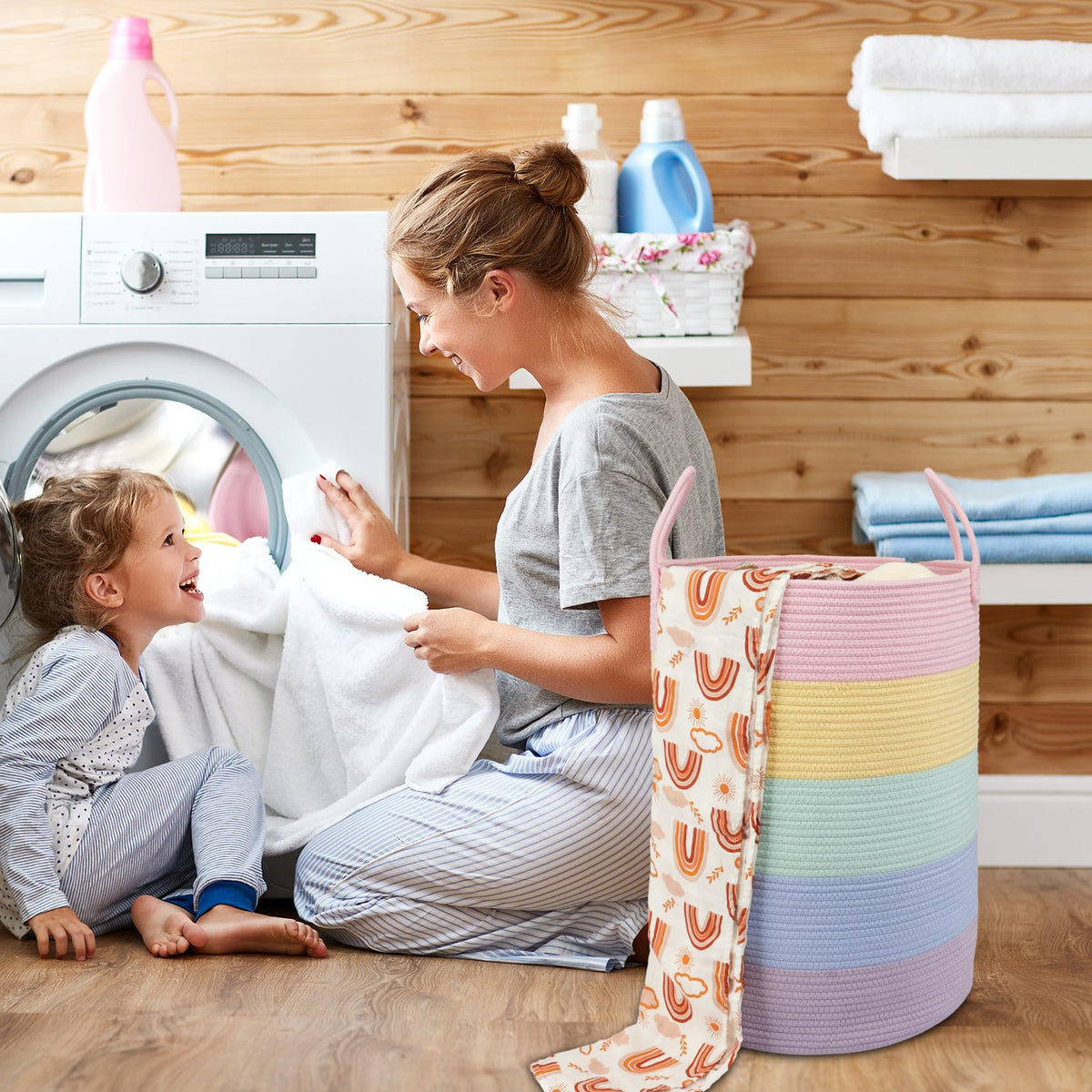 Rope Laundry Basket Hamper for Kids Girl Large, rainbow
