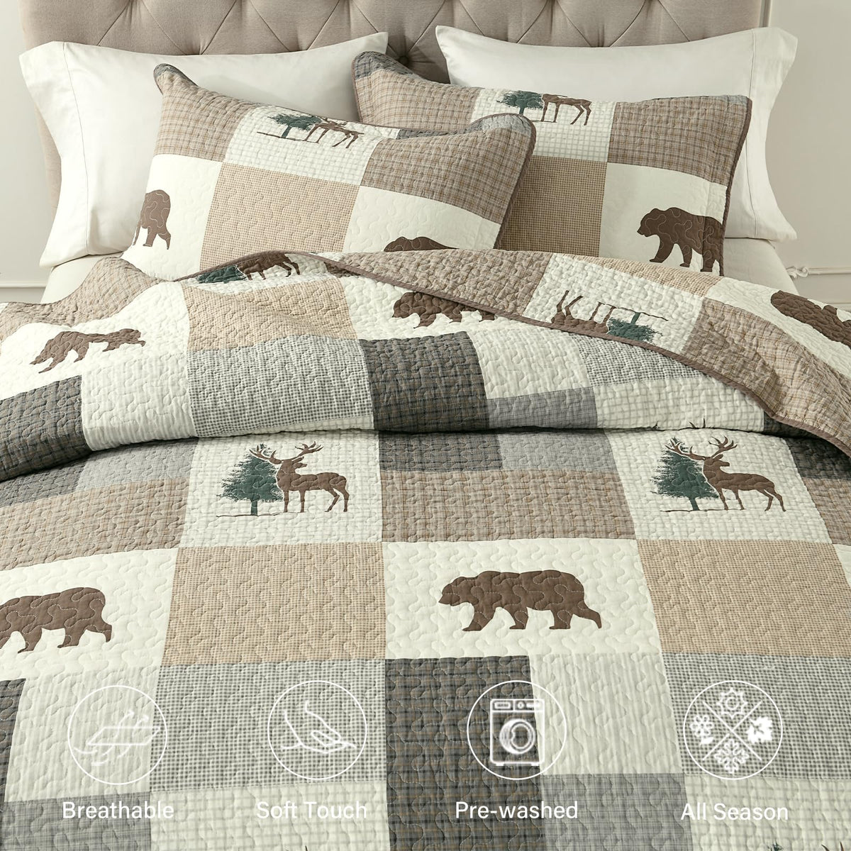 Quilts, 100% Cotton Quilt Set, Lodge Cabin Farmhouse Quilt, Brown Gray Beige Plaid Animal
