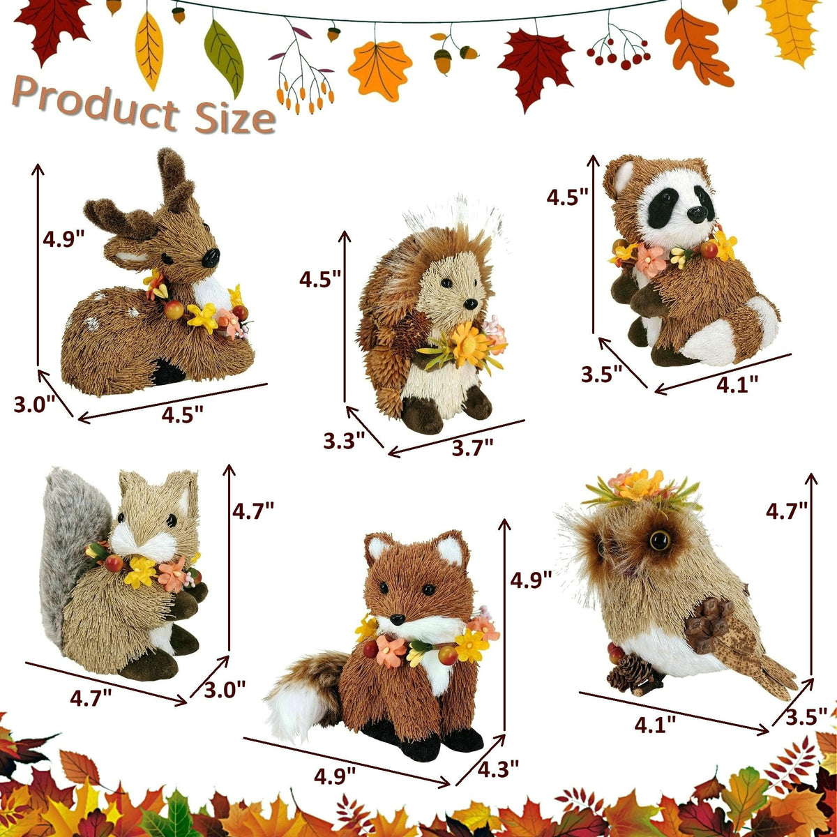 Set of 6 Sisal Woodland Animals w/Floral for Fall Home Decor