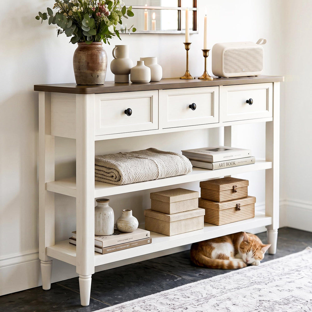 43" Farmhouse Console Table with 3 Drawers 2 Shelves