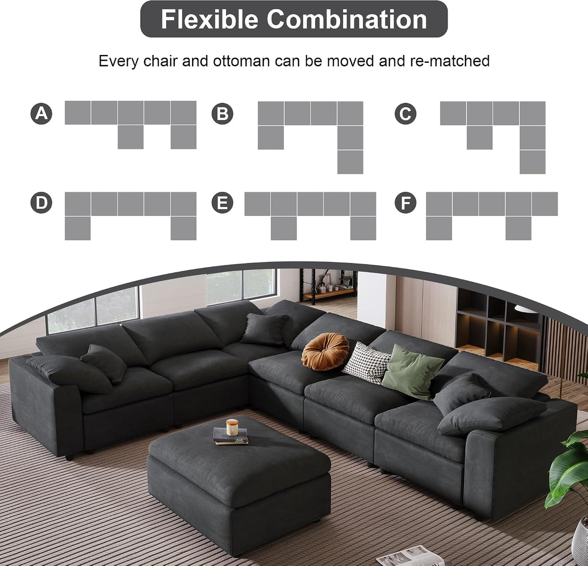 130.3" Oversized Modular Sectional Cloud Sofa Couch, Dark Grey | cloud soft, 7 seater, removable ottoman, easy
