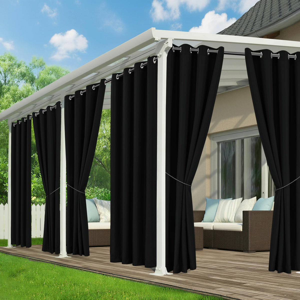 Black Outdoor Curtains Waterproof, 6 Drape Panels