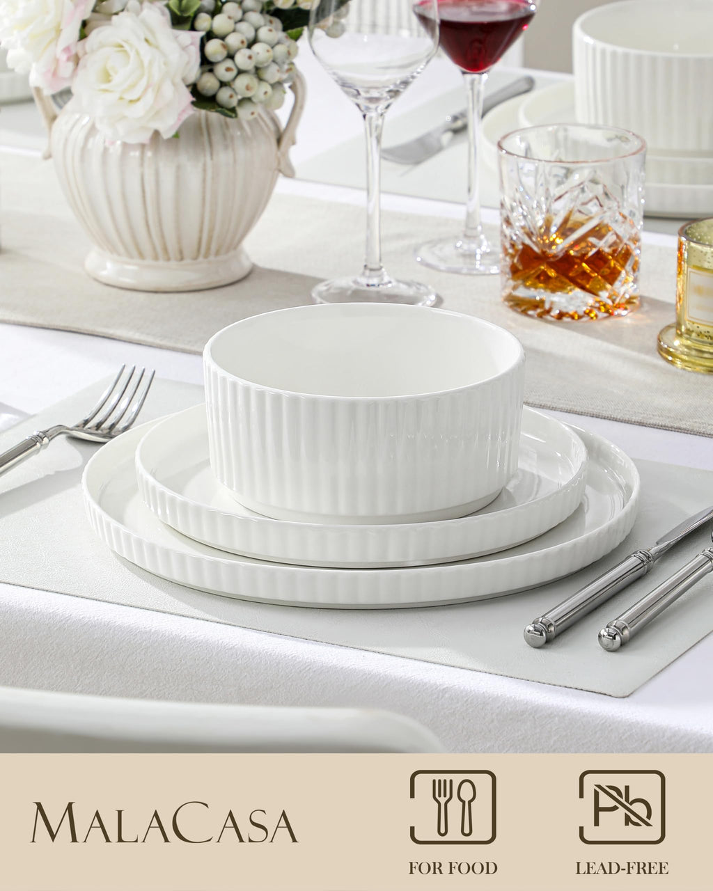 Porcelain 24 Pieces Plates and Bowls Set, Dinnerware Set for 8