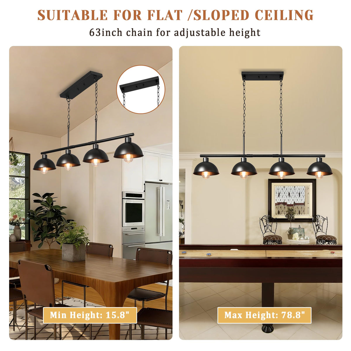 Pool Table Light for 7' 8' Adjustable Billiard Lights Hanging Over Pool Table Lights, 4 Light Industrial Chandelier