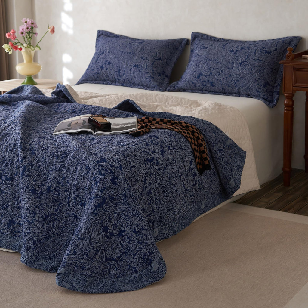 Navy Blue Floral King Size Quilt Set Soft Cotton Double-Layer Neutral Style Paisley Quilt Bedding Set Farmhouse
