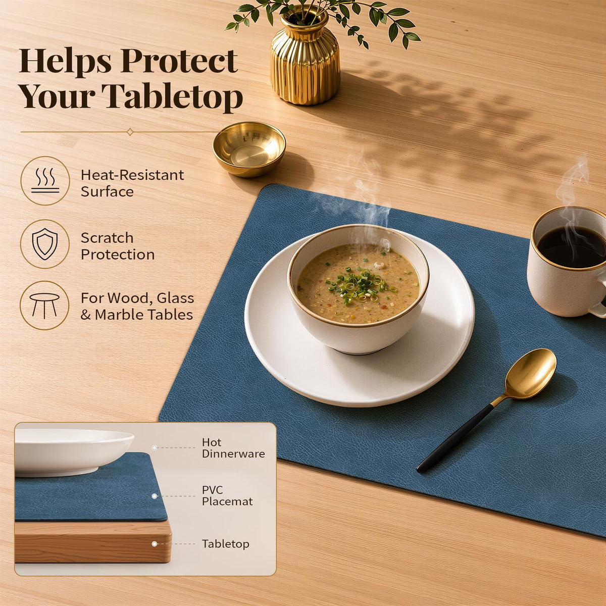 Vinyl Heat Resistant Placemats Set of 12, Navy Blue